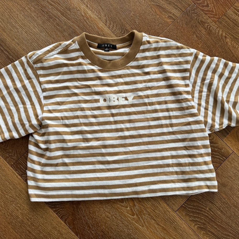Obey Kids Brown and White Striped Tee